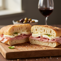 creami un immagine reale di Focaccia bianca con prosciutto cotto e formaggio.
l'immagine deve essere di formato quadrato