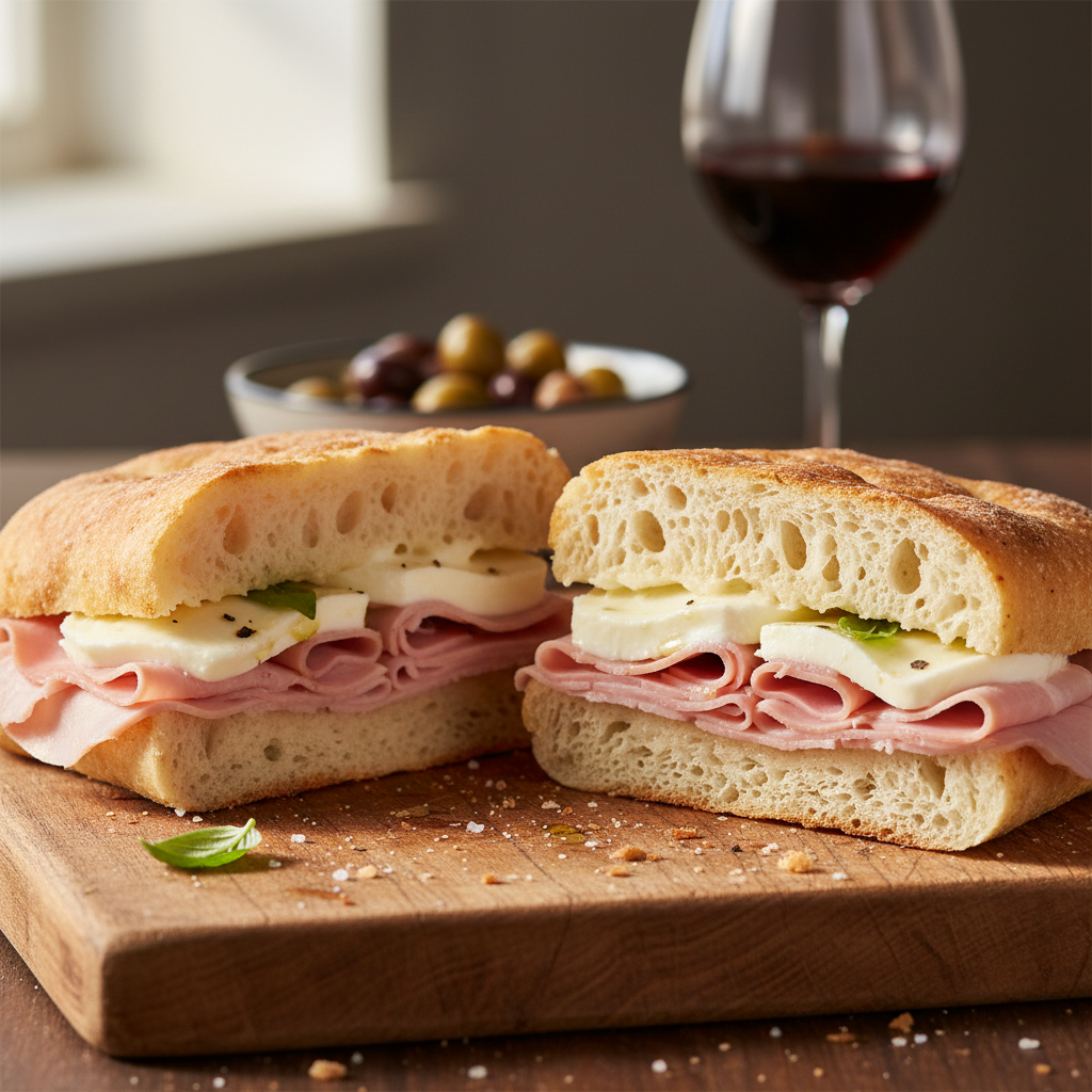 creami un immagine reale di Focaccia bianca con prosciutto cotto e formaggio.
l'immagine deve essere di formato quadrato