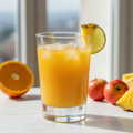 creami un immagine reale di un bicchiere di Arancia, ananas, mela annurca e lime/limone.
l'immagine deve essere di formato quadrato