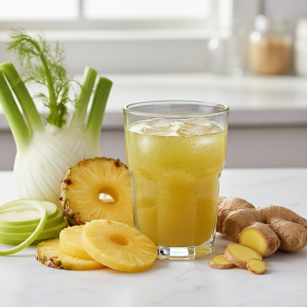 creami un immagine reale di un bicchiere di energy drink di Ananas, finocchio, mela e zenzero.
l'immagine deve essere di formato quadrato