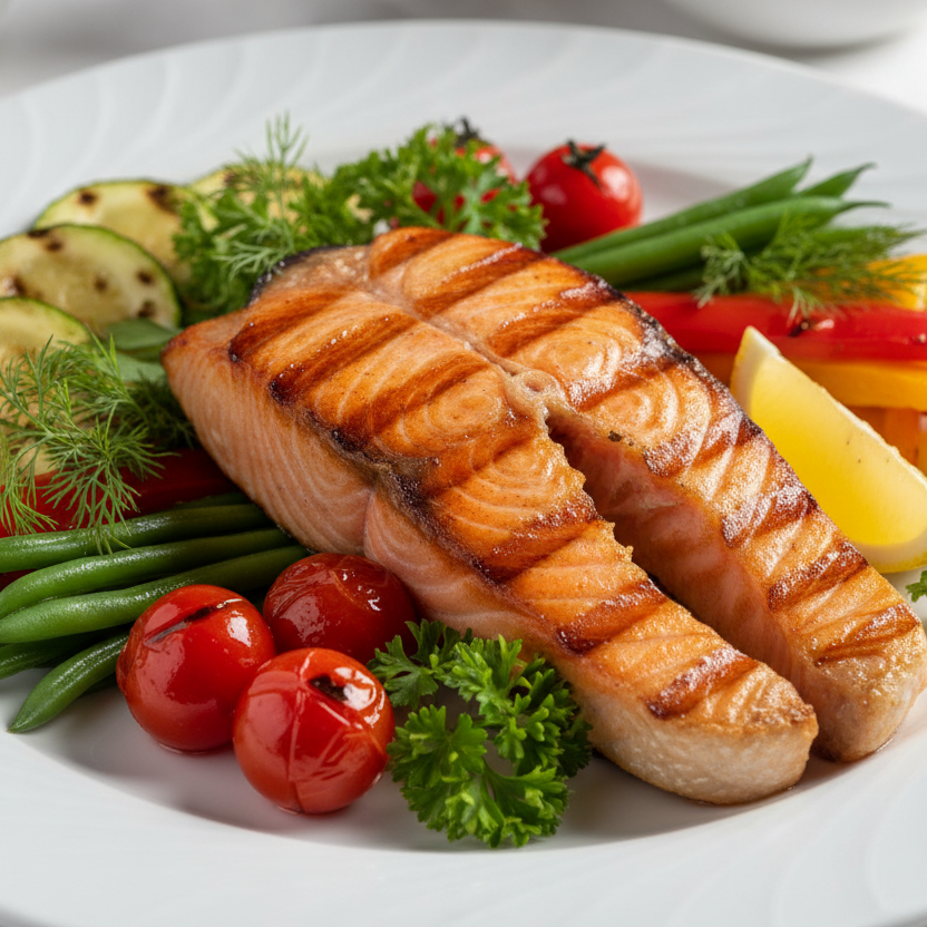 creami un immagine reale di un piatto di Trancio di salmone alla griglia con verdure di stagione.