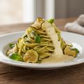 creami un immagine reale di un piatto Spaghetti freschi alla nerano con pesto di zucchine e fonduta di caciocavallo.
