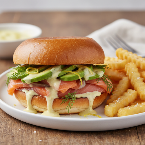 generami un immagine reale di Panino bun con salmone, avocado, mayo al limone e patatine fritte.
l'immagine deve essere in formato quadraato