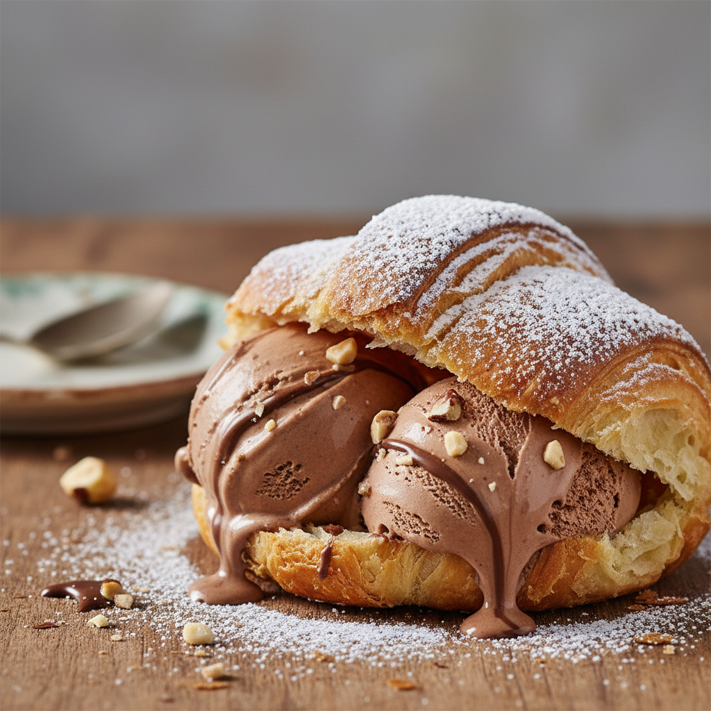 generami un immagine reale di un Cornetto farcito con gelato alla nutella.
l'immagine deve essere di formato quadrato