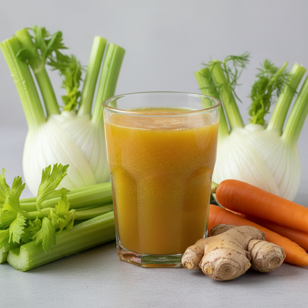 generami un immagine reale di un energy drink di Sedano, finocchio, carota e zenzero.

l' immagine deve essere di formato quadrato