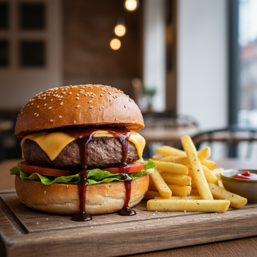 generami un immagine reale di un Panino bun artigianale con hamburger di vitello, formaggio, salsa bbq e patatine fritte.
le dimensioni delle immagine deve essere quadrata