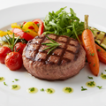 generami un immagine reale di un piatto di Hamburger senza pane di vitello con verdure di stagione.