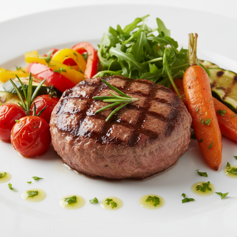 generami un immagine reale di un piatto di Hamburger senza pane di vitello con verdure di stagione.