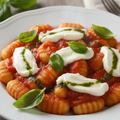 generami un immagine reale di un piatto Gnocchetto di patate alla sorrentino con passata di pomodori freschi, stracciata di bufala ed olio al basilico.