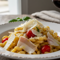 generami un immagine reale di un piatto Maccheroncello fresco con pomodorini, lardo e pecorino.
