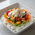 generami un immagine reale di un piatto Riso sushi, feta greca, pomodorini, carote e zucchine, anacardi, soia e panna acida.
l'immagine deve avere un formato quadrato