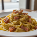 generami un immagine reale di un piatto Tonnarelli alla carbonara.